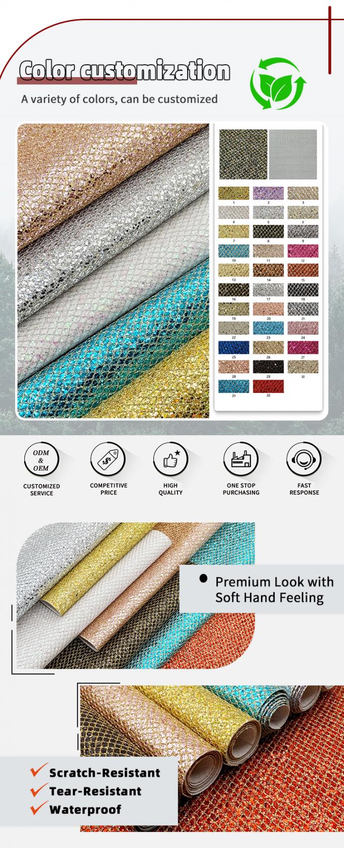 Tipo de malha Glitter grosso PVC de couro sintético Estiramento Material de couro falso para sacos de bagagem de sapatos embalagem Sofá revestimento exterior 4