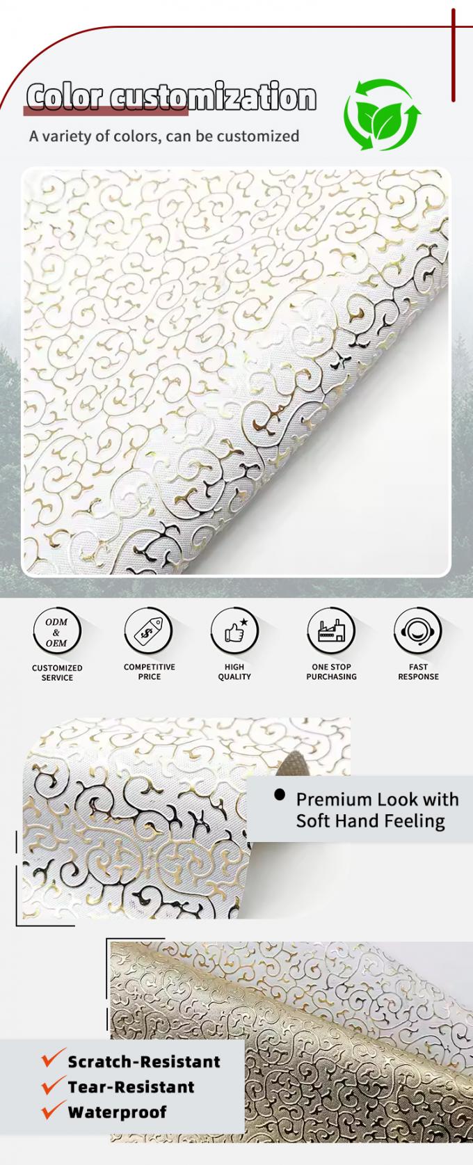 Venda a retalho de PVC em filme dourado de estilo em relevo Couro sint&eacute;tico artificial para sacos Embalagem Caixa Cal&ccedil;ados Tecido de caderno 4